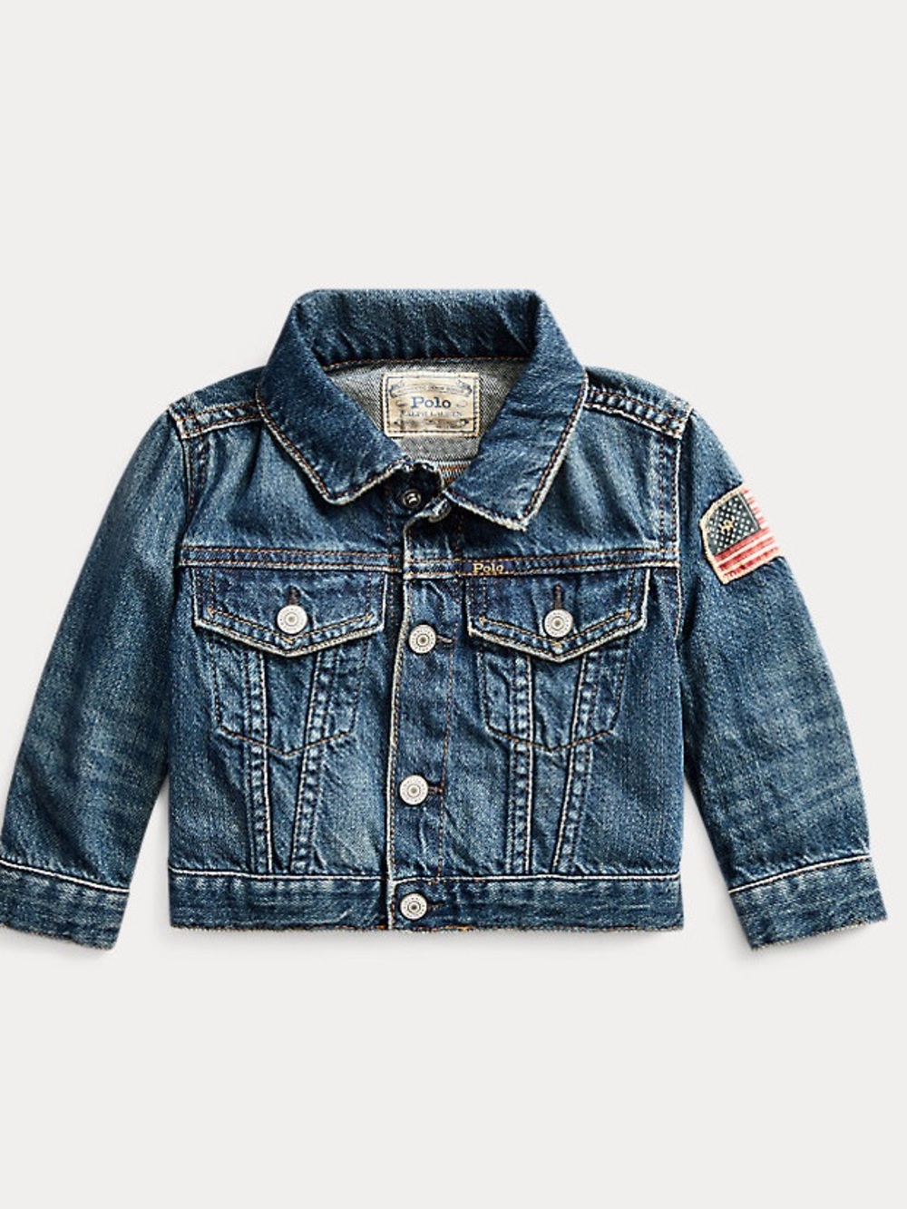Polo Ralph Lauren Boys' Denim Trucker Jacket featuring an American flag patch